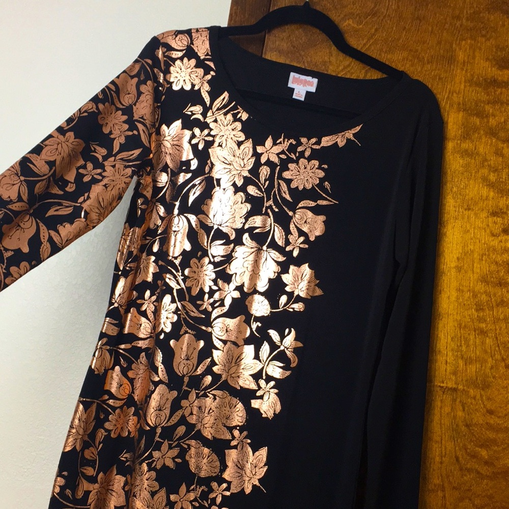 Rose Gold LulaRoe Elegant Debbie Dress with metallic floral accent
